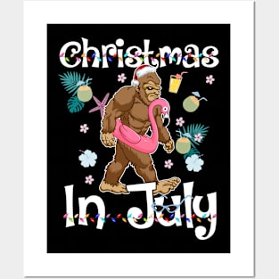 Christmas In July Big Foot And Pink Flamingo Summer Time Posters and Art